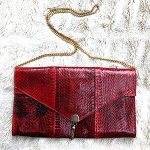 Vintage 80s Python Cherry Red Convertible Snakeskin Clutch / Chain Evening Bag